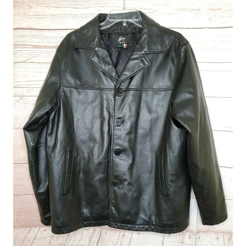 Rare Max U.S.A Large Italian Skin Full Button V-Neck Men's Leather Jacket